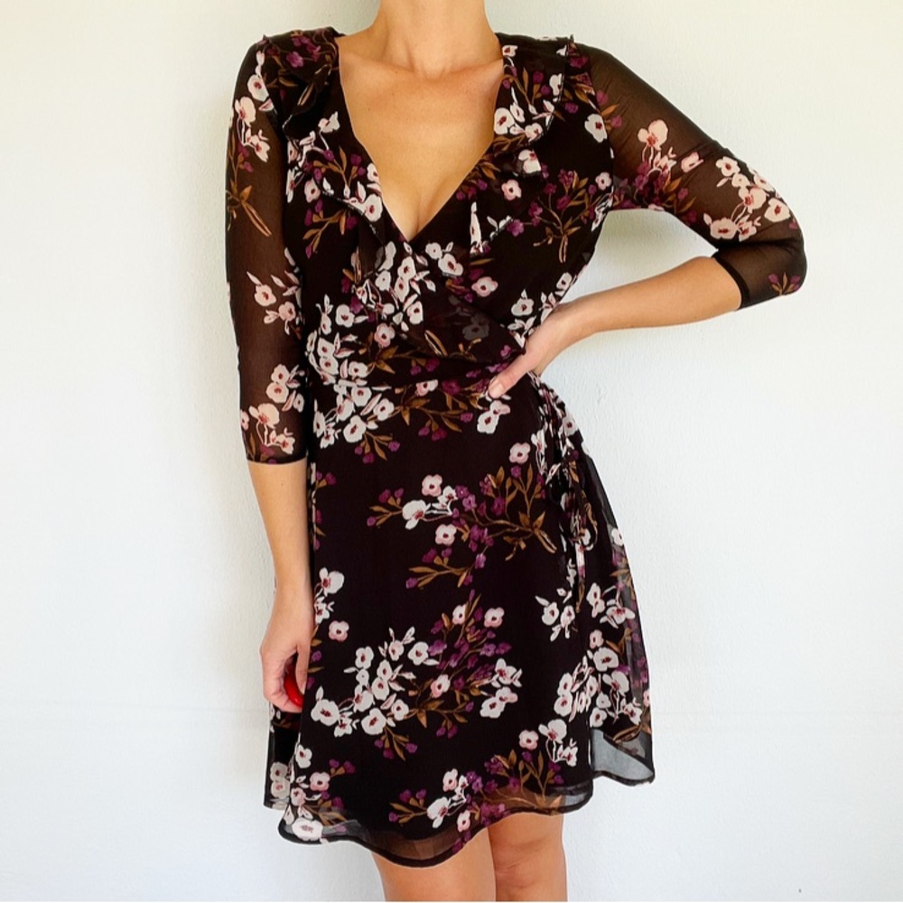 New Look purple black floral ruffle wrap dress size 6